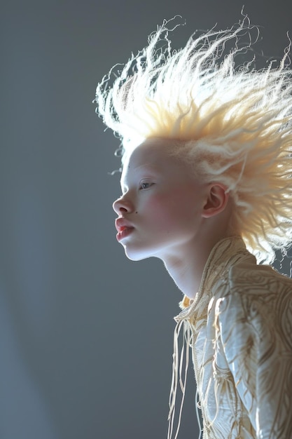 Retrato de una chica africana albina con cabello blanco en primer plano