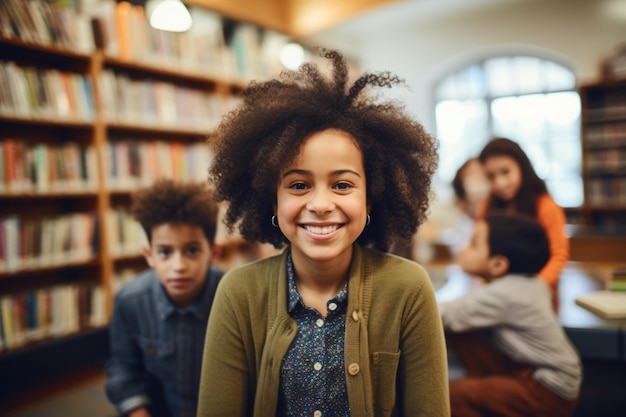 Retrato de una chica afroamericana sonriente con el pelo rizado en la biblioteca