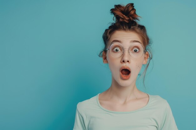 Foto retrato de una chica alegre con una novedad de espacio de copia en fondo azul