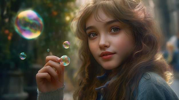 retrato de una chica alegre soplando burbujas de jabón en el exterior hecho por IA generativa