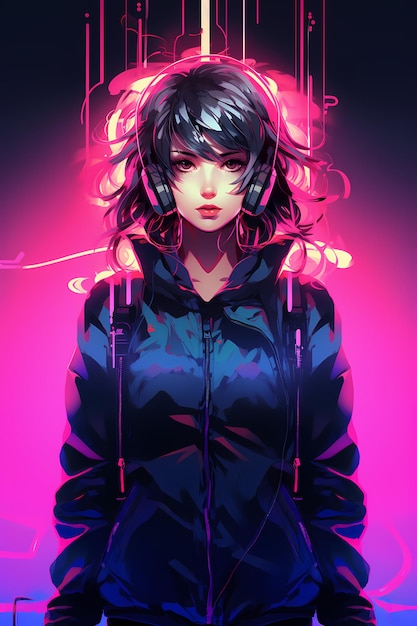 Retrato de chica anime con auriculares bonitos colores neón estilo synthwave