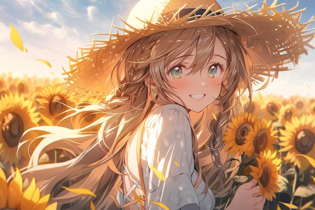 Foto retrato de una chica de anime bastante feliz con el cabello rubio en un campo de sombrero de paja de girasoles en un día soleado