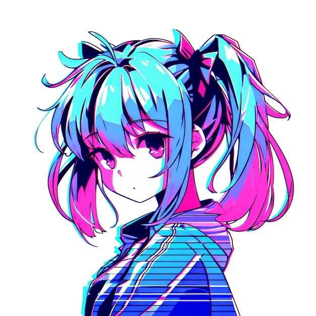 Retrato de una chica de anime en colores de neón aislados de estilo vaporwave de onda sintética
