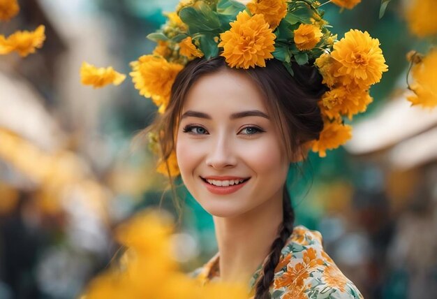 Foto retrato de una chica asiática feliz con una flor de naranja amarilla