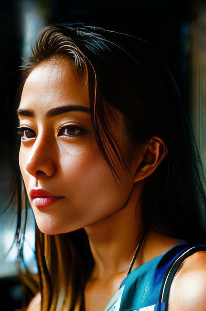Retrato de una chica asiática mirando la cámara al aire libre Foco en la cara foto de archivo