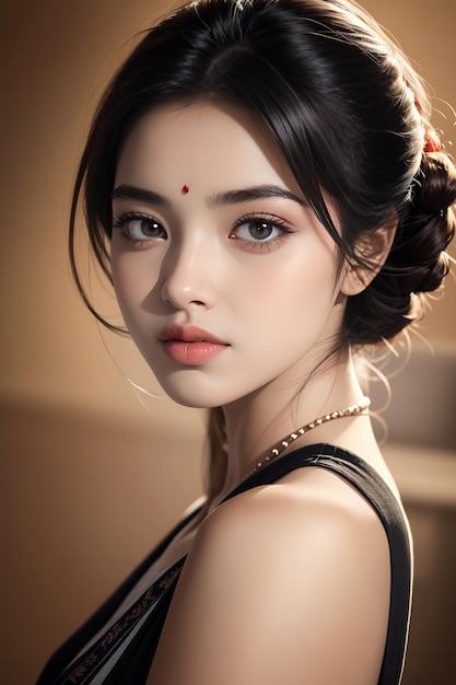 Retrato de una chica asiática con un punto rojo mirando a la cámara