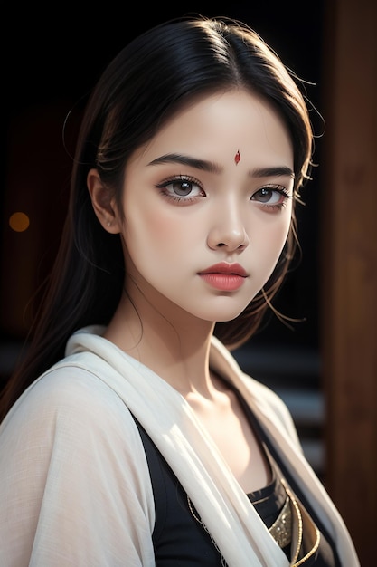 Retrato de una chica asiática con un punto rojo mirando a la cámara