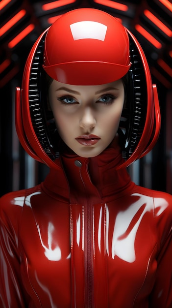 Un retrato de una chica atractiva con un traje rojo futurista y un casco