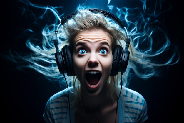 Foto retrato de una chica con auriculares en un fondo negro