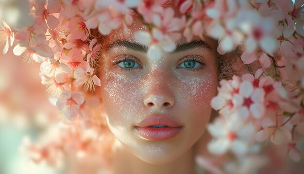 Retrato de una chica bonita con una corona de flores de primavera en la cabeza