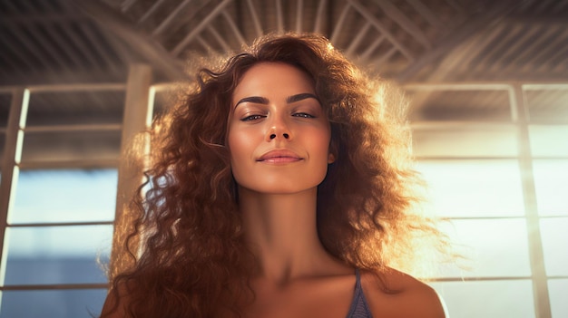 retrato de una chica con el cabello rizado en un estado relajado para una clase de yoga