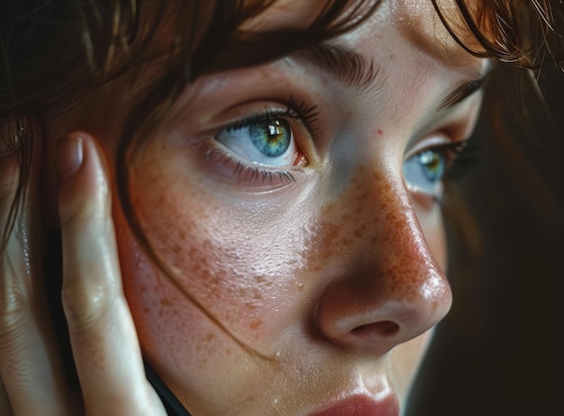 Retrato de una chica con cabello rojo brillante y hermosos ojos azules