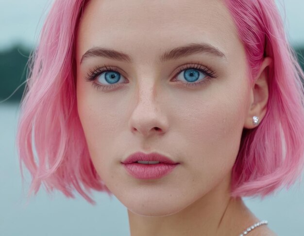 retrato de una chica de cabello rosa