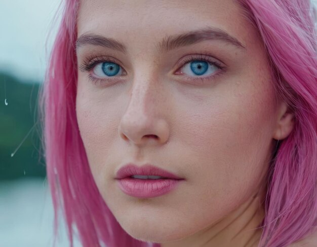 retrato de una chica de cabello rosa