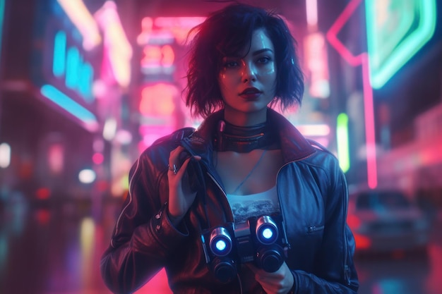 retrato de una chica ciberpunk con ropa y accesorios futuristas parada frente a las luces