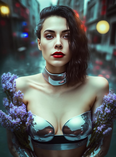 Retrato de una chica cyborg sexy con hermosos senos de silicona del futuro contra el fondo del agua IA generativa