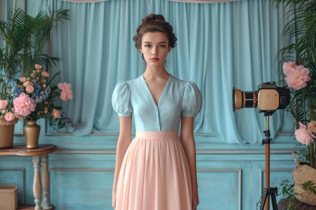 Retrato de una chica elegante en un vestido en una zona de fotos con flores