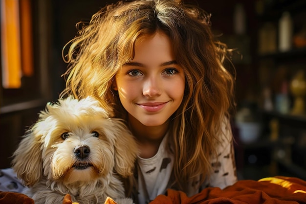 Retrato de una chica feliz con un perro IA generativa