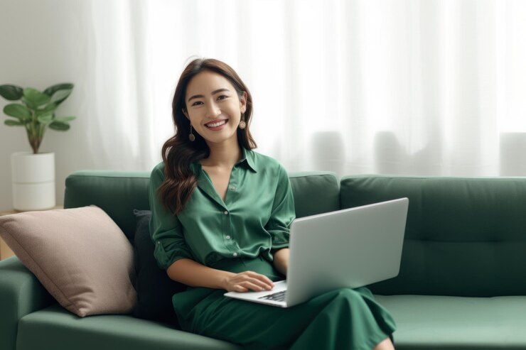 Retrato de una chica feliz y sonriente trabajando con una computadora portátil
