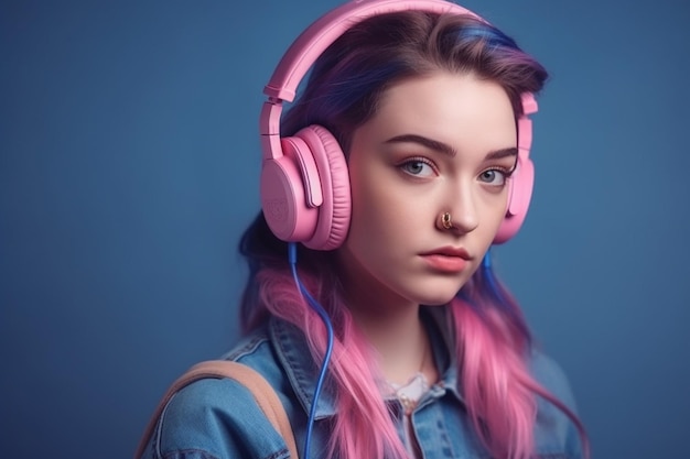 Retrato de una chica hermosa con cabello rosado y auriculares sobre fondo azul.