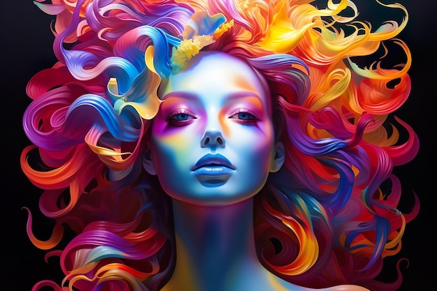 Retrato de una chica hermosa modelo con boceto profesional de cabello ondulado multicolor hecho con color