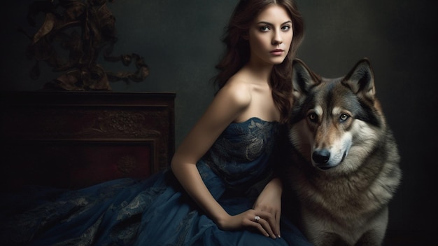 Retrato de una chica hermosa con un vestido azul con un ai generador de perros