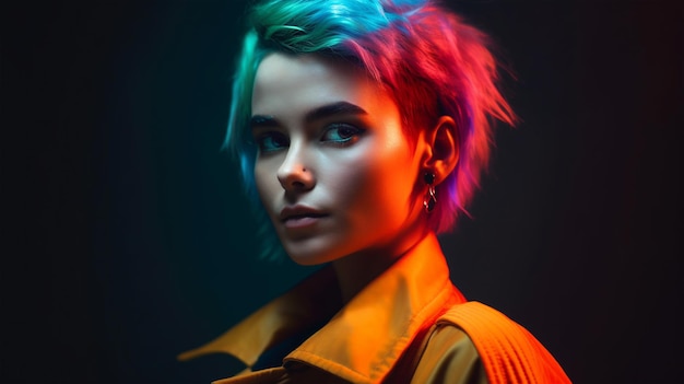 Retrato de una chica hipster con cabello colorido sobre un fondo oscuro AI generado