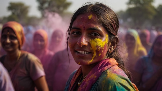 Retrato de una chica india feliz en un sari hindú tradicional en el color HoliFestival de los colores