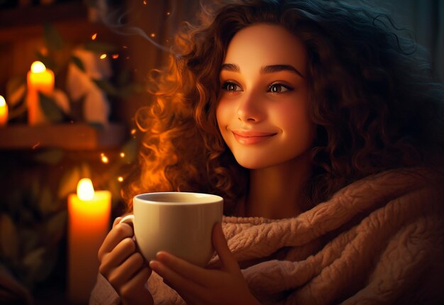 Foto retrato de una chica joven y linda bebiendo una taza de té una tazón de café