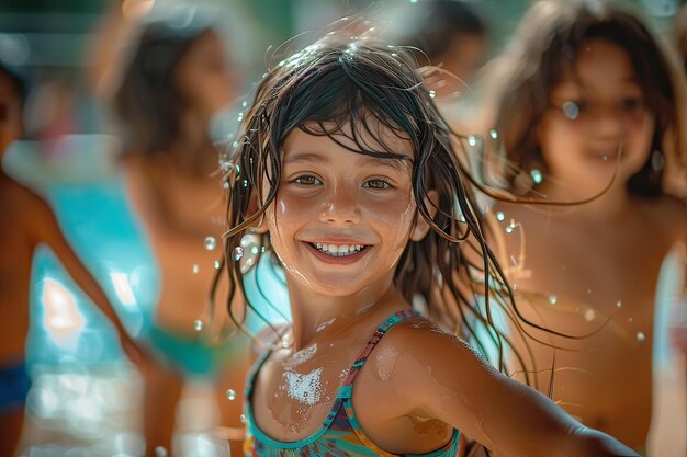 Retrato de una chica latina posando junto a la piscina al aire libre en un día soleado IA generativa
