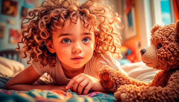 Retrato de una chica linda y conmovedora en la cama de la habitación de los niños