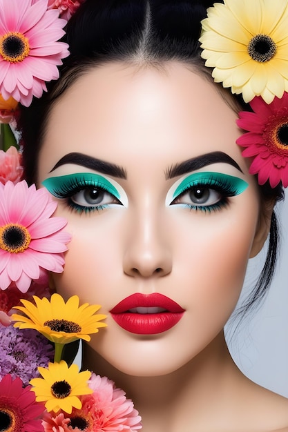 Foto retrato de una chica con maquillaje de primavera con flores