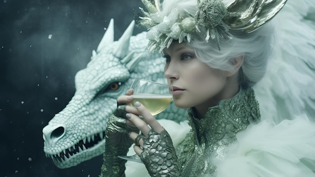 Un retrato de una chica mística de cuento de hadas en un disfraz con una copa de champán celebrando el Año Nuevo de la IA generativa del Dragón