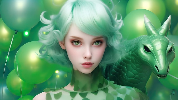 Un retrato de una chica mística de cuento de hadas en un traje verde celebrando el Año Nuevo de la IA generativa del Dragón