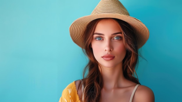 Retrato de una chica a la moda con un sombrero en la cabeza sobre un fondo azul