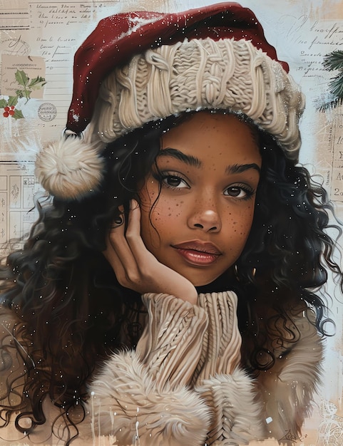 Foto retrato de una chica negra con un sombrero de navidad estilo vintage diario de basura