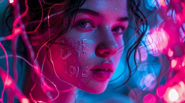 Foto retrato de una chica de neón magenta con texto de amor ia generativa