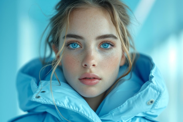 Retrato de una chica con ojos azules en ropa azul en el interior