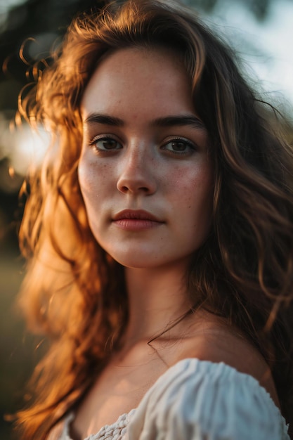 Retrato de una chica con pecas en un vestido blanco