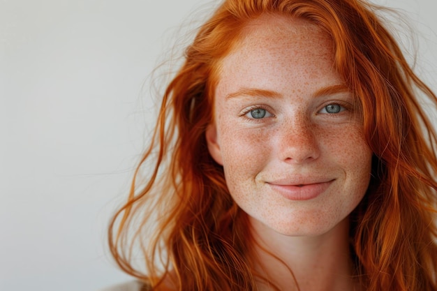 Retrato de una chica pelirroja feliz con pecas sonriendo mirando a la cámara Con fondo blanco