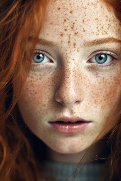 Retrato de una chica pelirroja con ojos azules y pecas creado utilizando tecnología de IA generativa