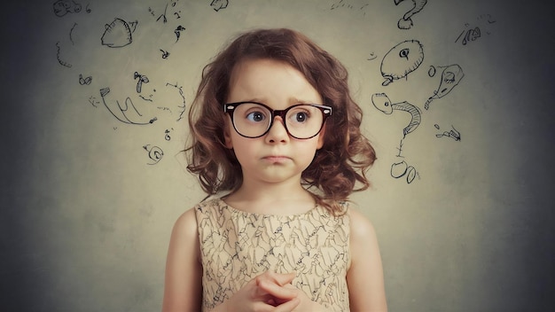 Retrato de una chica pensativa con vestido y gafas