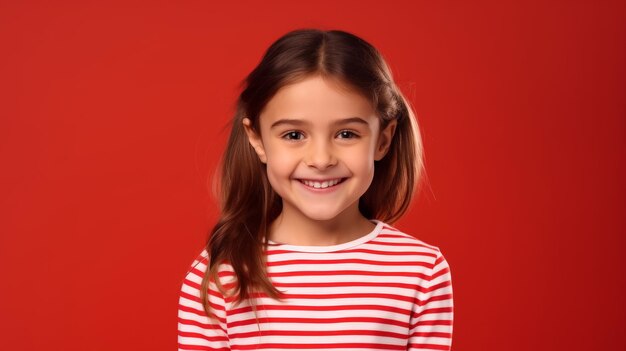 Retrato de una chica preadolescente linda y positiva con una camisa a rayas que mira hacia otro lado y sonríe mientras está de pie contra un fondo rojo en el estudio