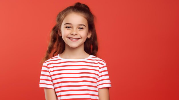 Retrato de una chica preadolescente linda y positiva con una camisa a rayas que mira hacia otro lado y sonríe mientras está de pie contra un fondo rojo en el estudio