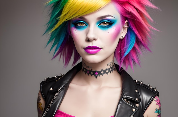 Retrato de una chica punk con maquillaje brillante y cabello colorido IA generativa