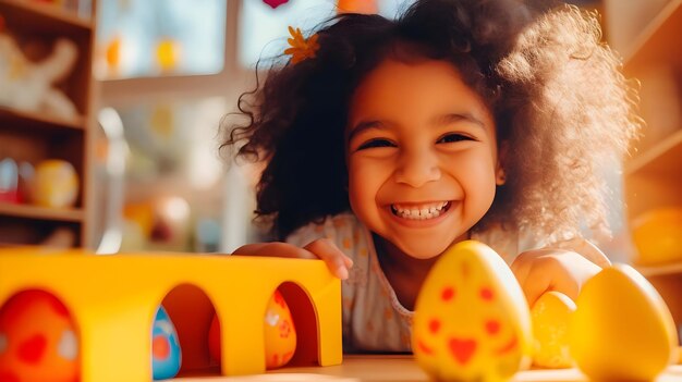 Foto retrato de una chica rizada feliz