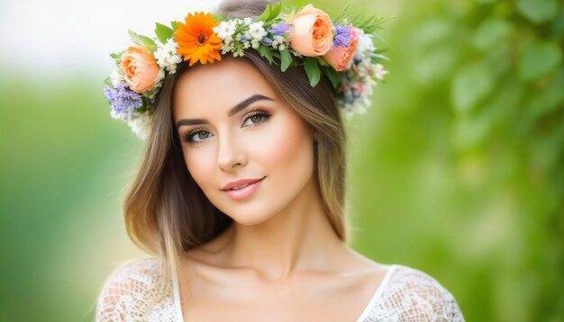 Retrato de una chica con ropa de verano, corona de flores y cabeza.