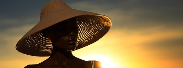 retrato de una chica con un sombrero de paja contra el fondo del sol poniente