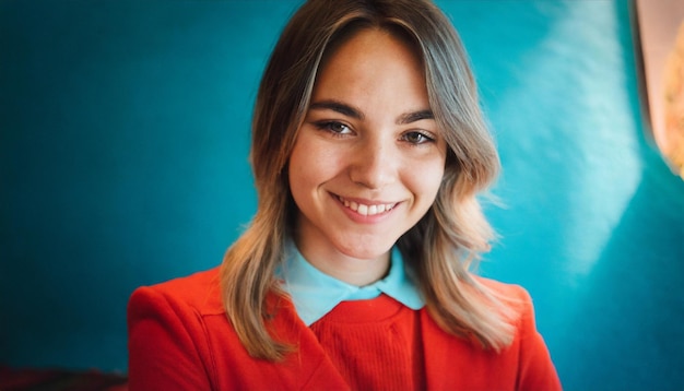 Retrato de una chica sonriente con una chaqueta roja sobre un fondo azul