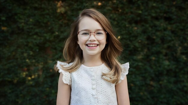 Retrato de una chica sonriente con vestido y gafas